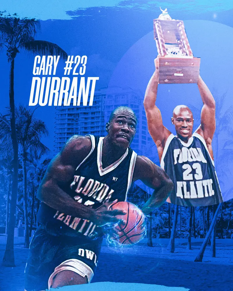 Throwback graphic of Gary Durrant in his Florida Atlantic University uniform